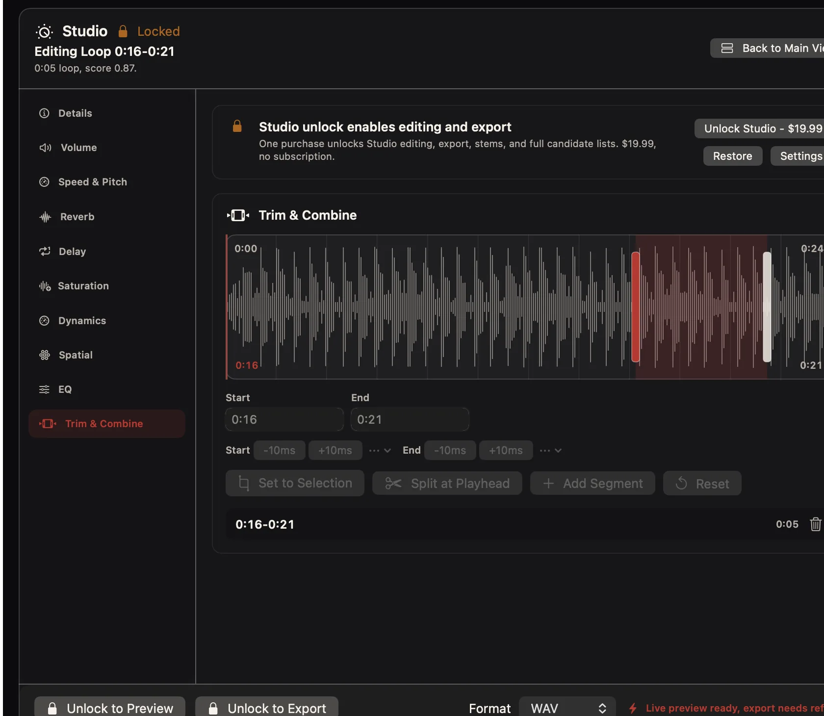 Real Gimme the Loop Studio screenshot showing Trim and Combine controls on a selected loop from 0:16 to 0:21