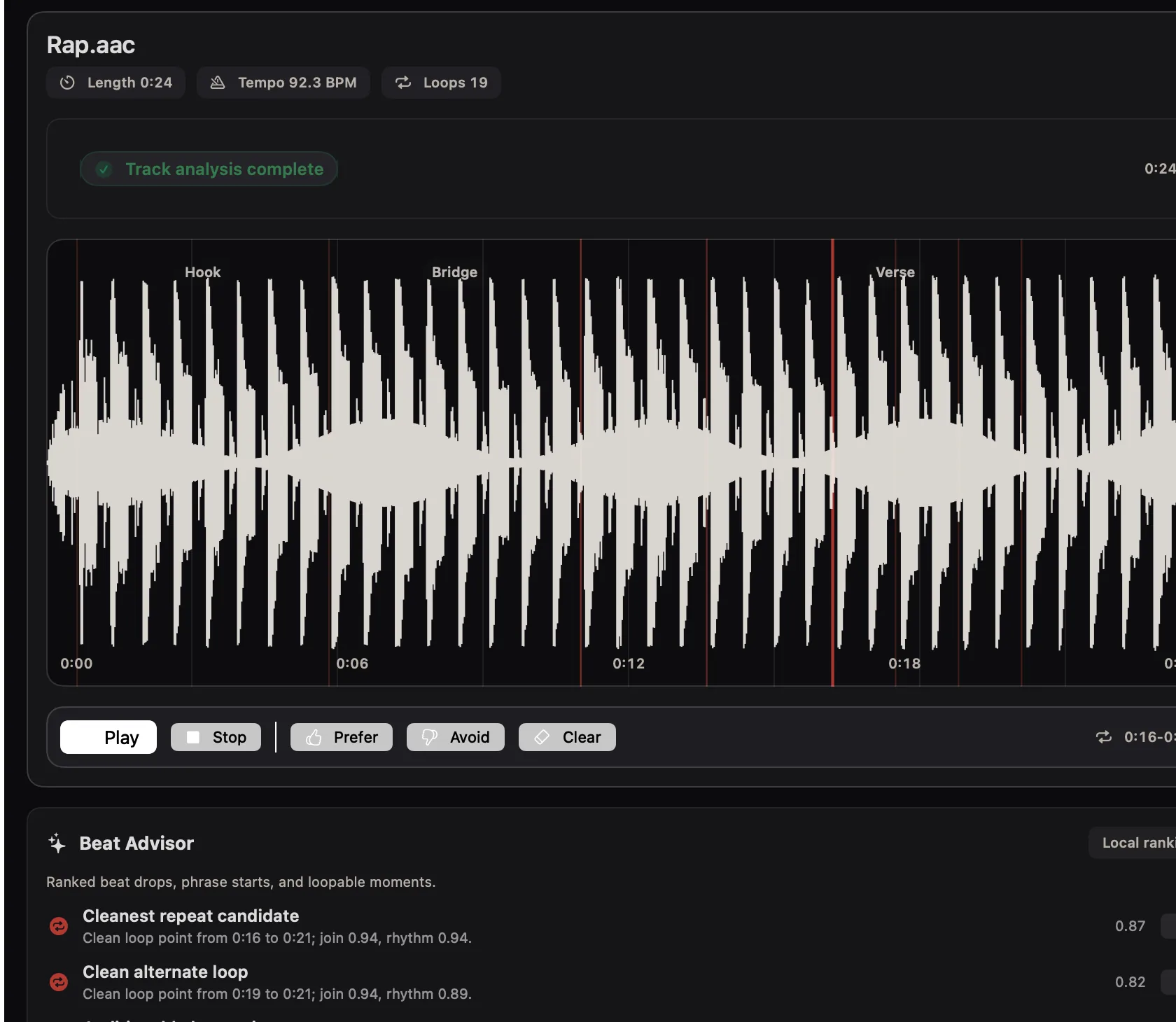 Real Gimme the Loop workbench screenshot with Rap.aac, tempo, loop count, waveform sections, and ranked loop candidates