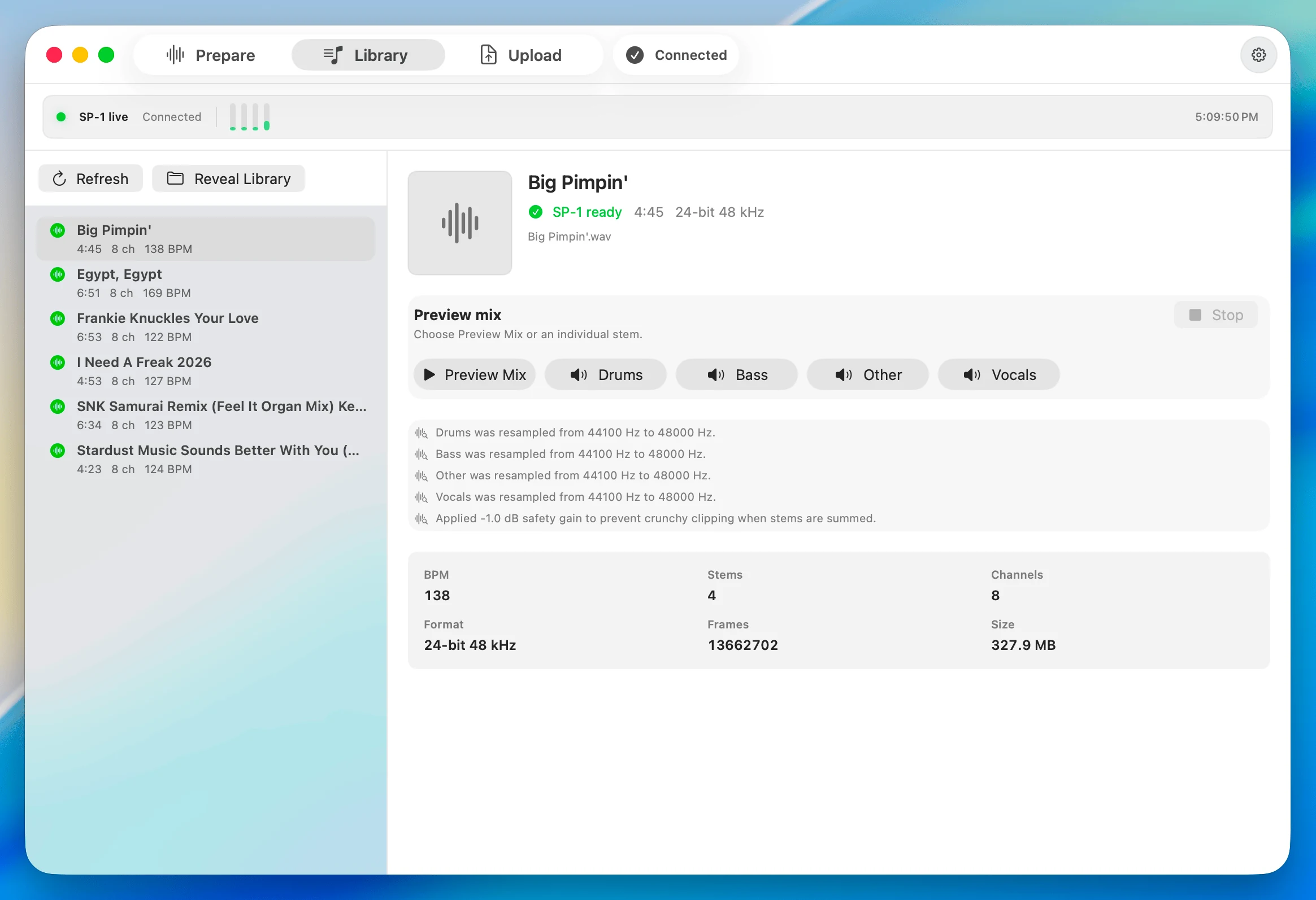 SP-1 Utility library view with preview mix and stem controls