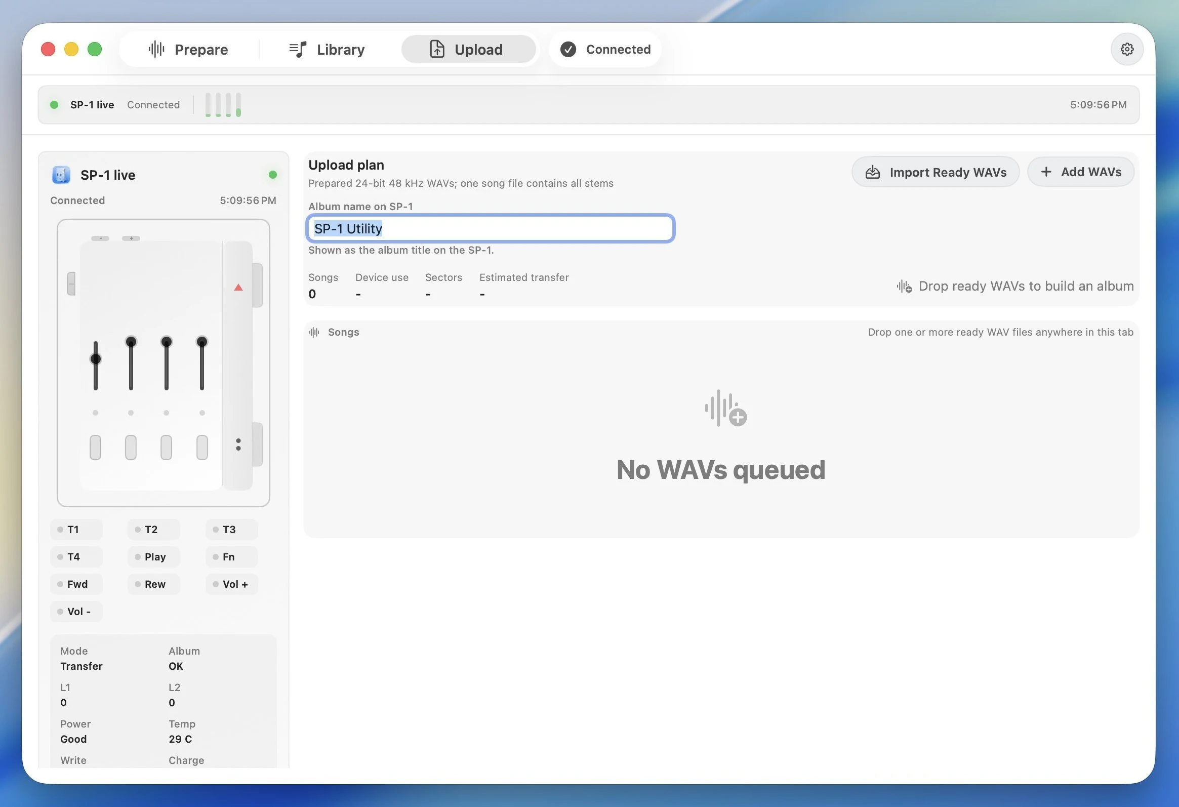 SP-1 Utility upload plan and SP-1 live controls